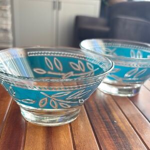 Vintage Teal and Clear Leaf Design Glass Bowls
